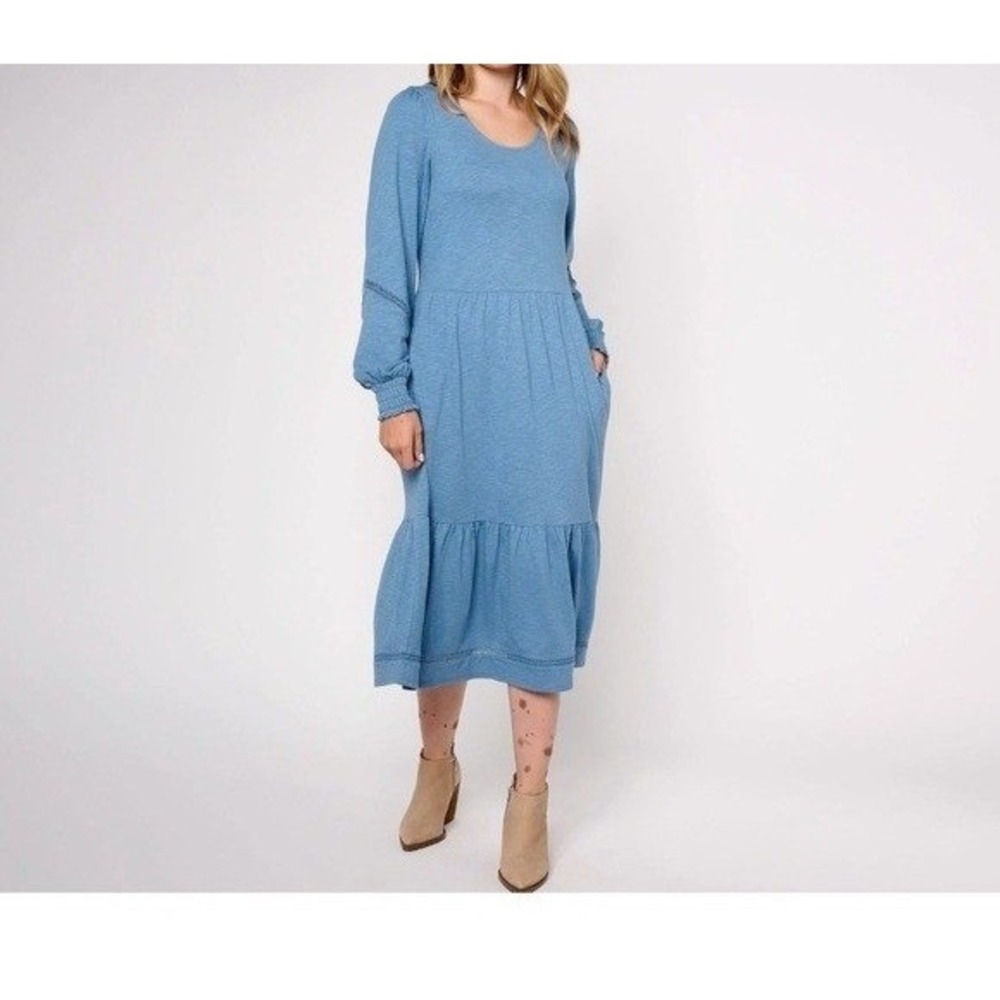 New Canyon‎ Retreat Blue Tiered Spring Midi Dress Balloon Sleeve Linen Cotton S